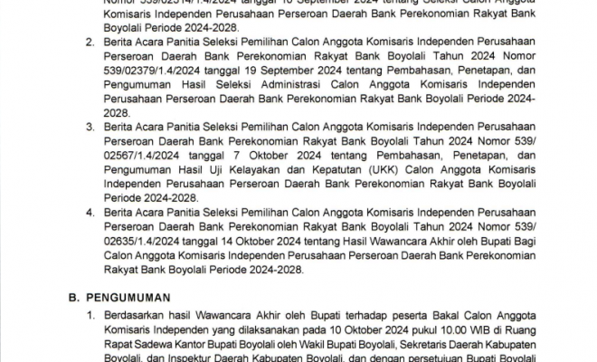 PENGUMUMAN HASIL WAWNCARA AKHIR DENGAN BUPATI BOYOLALI BAGI CALON ANGGOTA KOMISARIS INDEPENDEN PERSE...